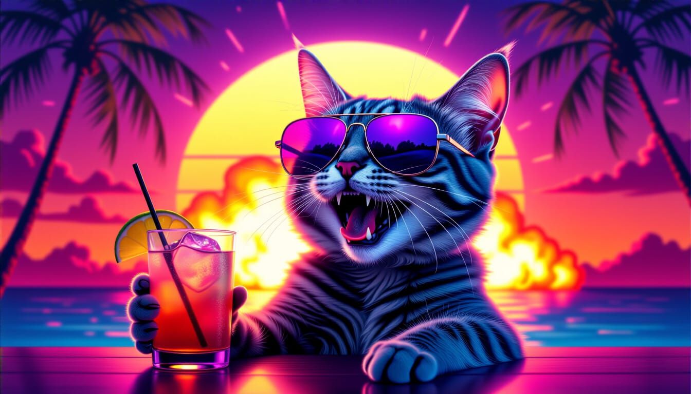 Cat in Sunglasses with Drink and Fire Explosion