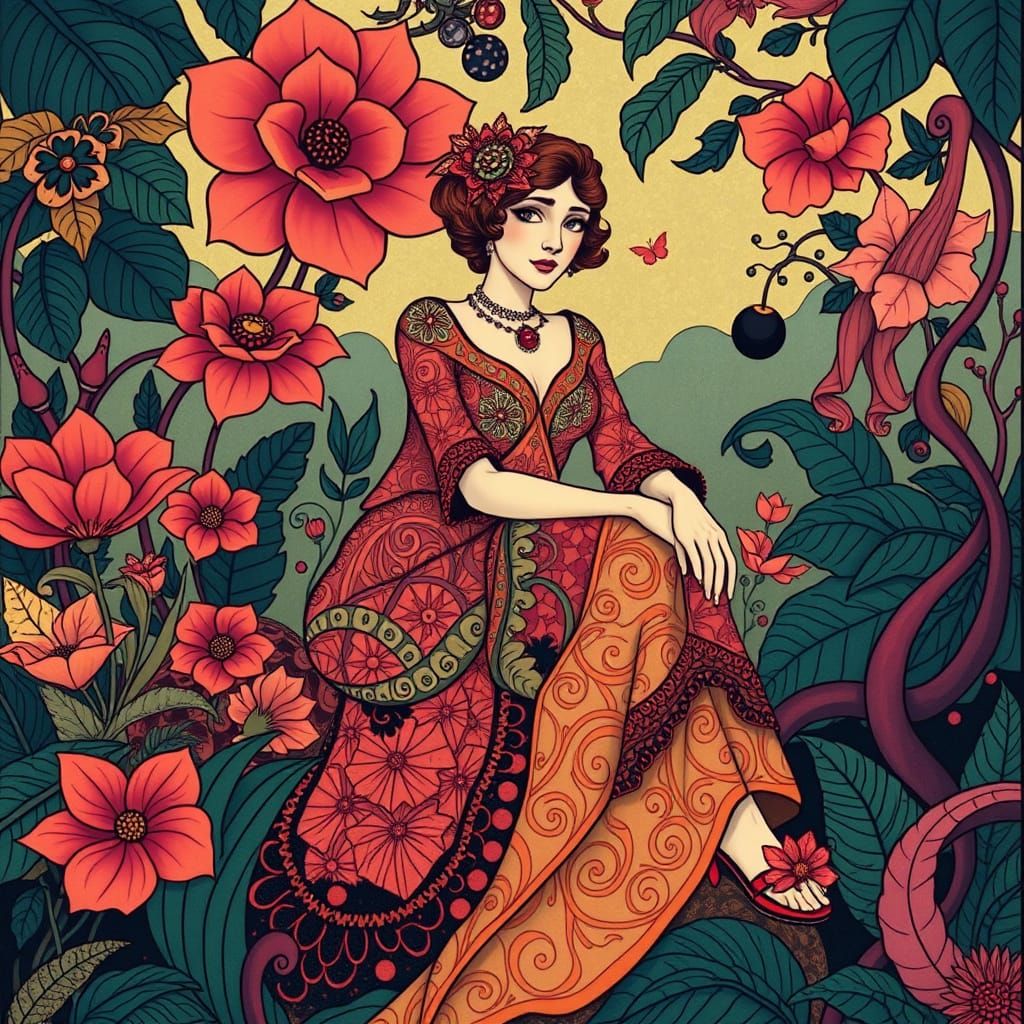Ethereal Woman in Art Nouveau Bloom