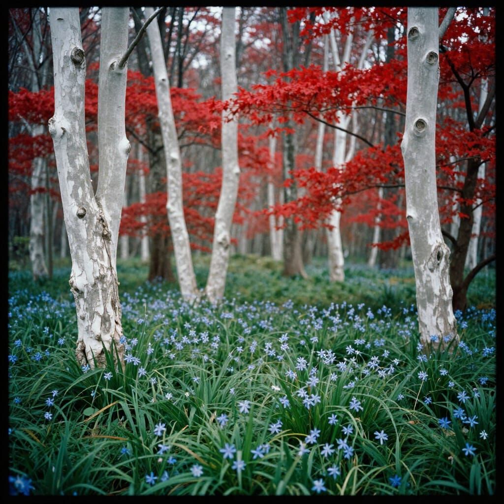 Atmospheric Forest with White Trees, Red Leaves and Blue Flo...