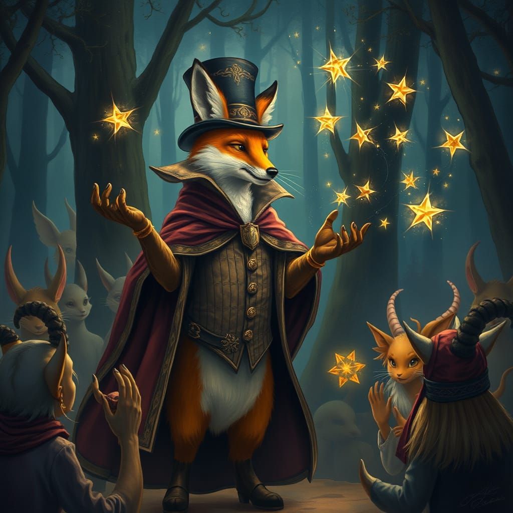 Whimsical Fox Juggles Stars for Enchanted Forest Spirits