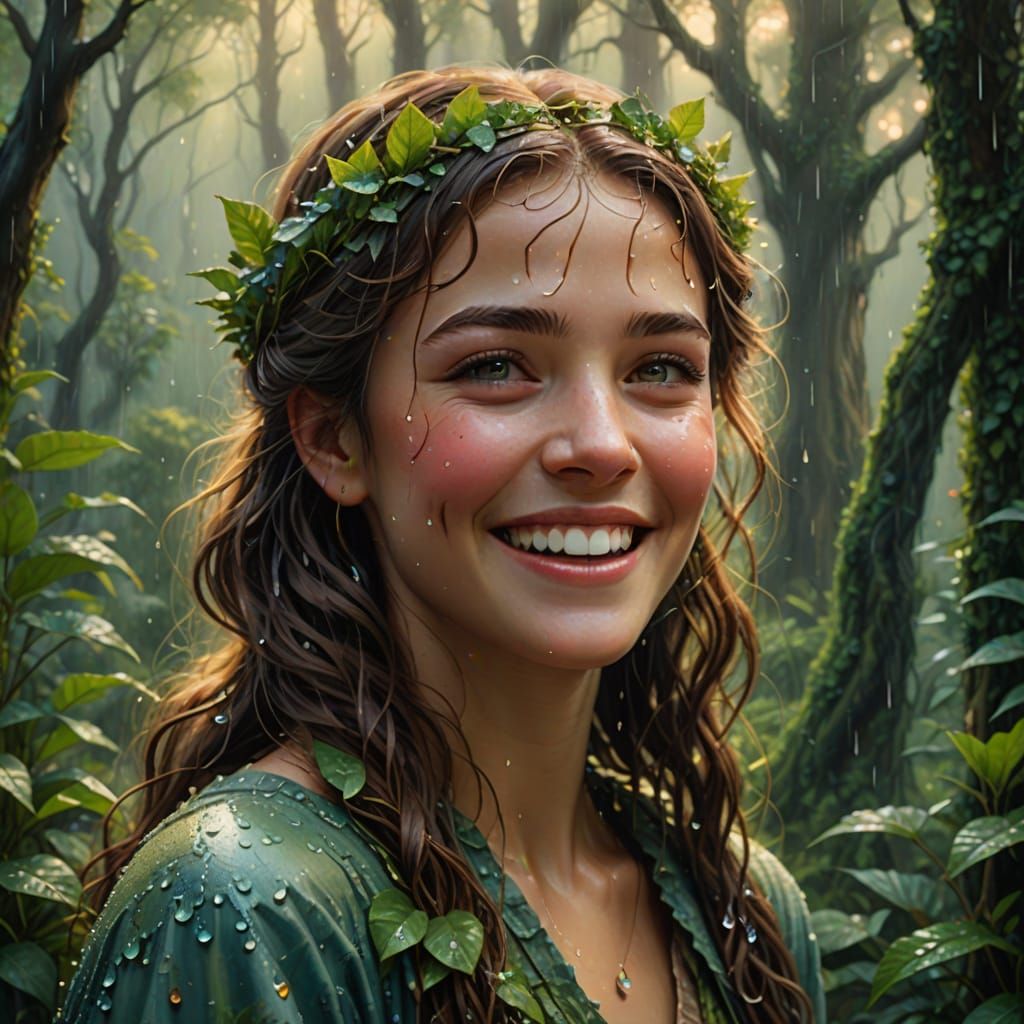 Whimsical Oil Painting of a Woman Laughing in the Rain