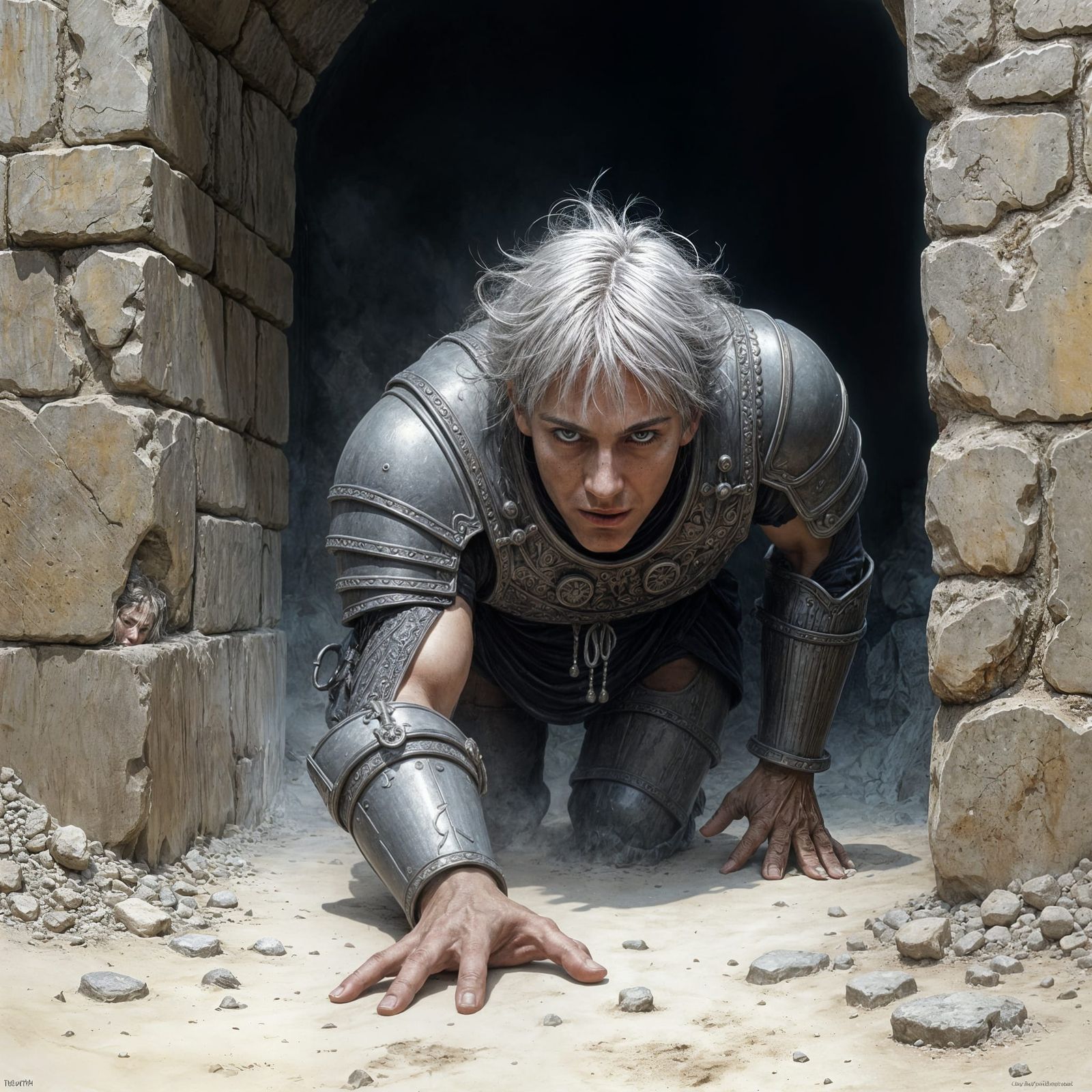 Exhausted Gray Adventurer Crawling Through Dusty Tomb