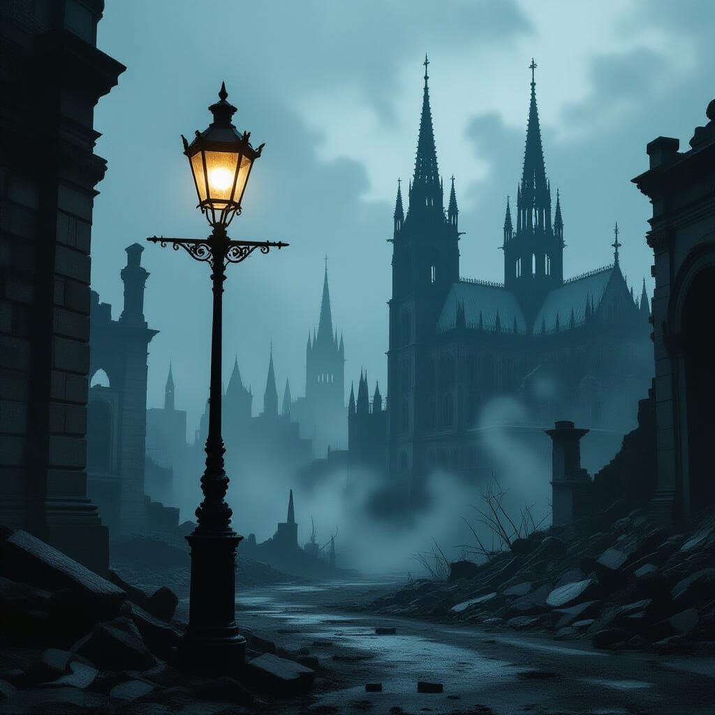 Rusted Streetlamp in Gothic City Ruins