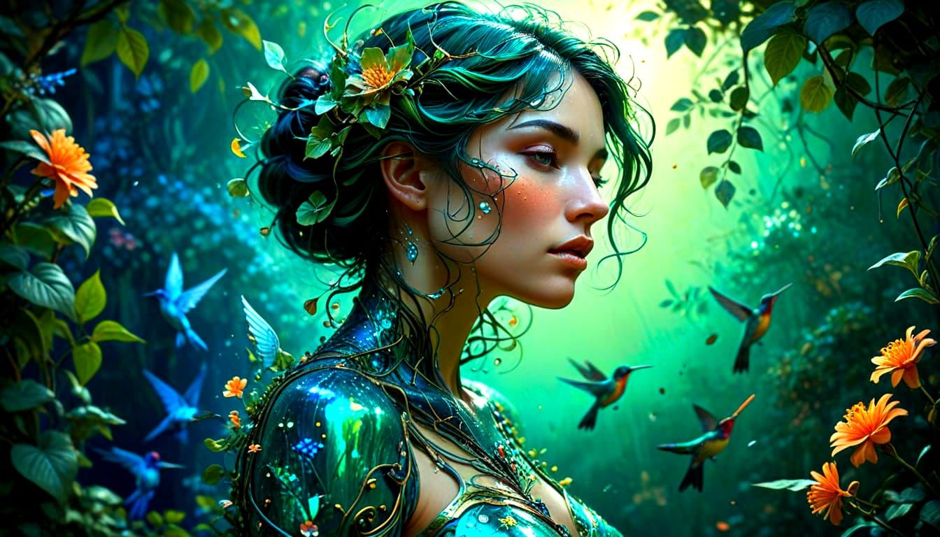 Art Nouveau Tree Woman Embracing Hummingbirds