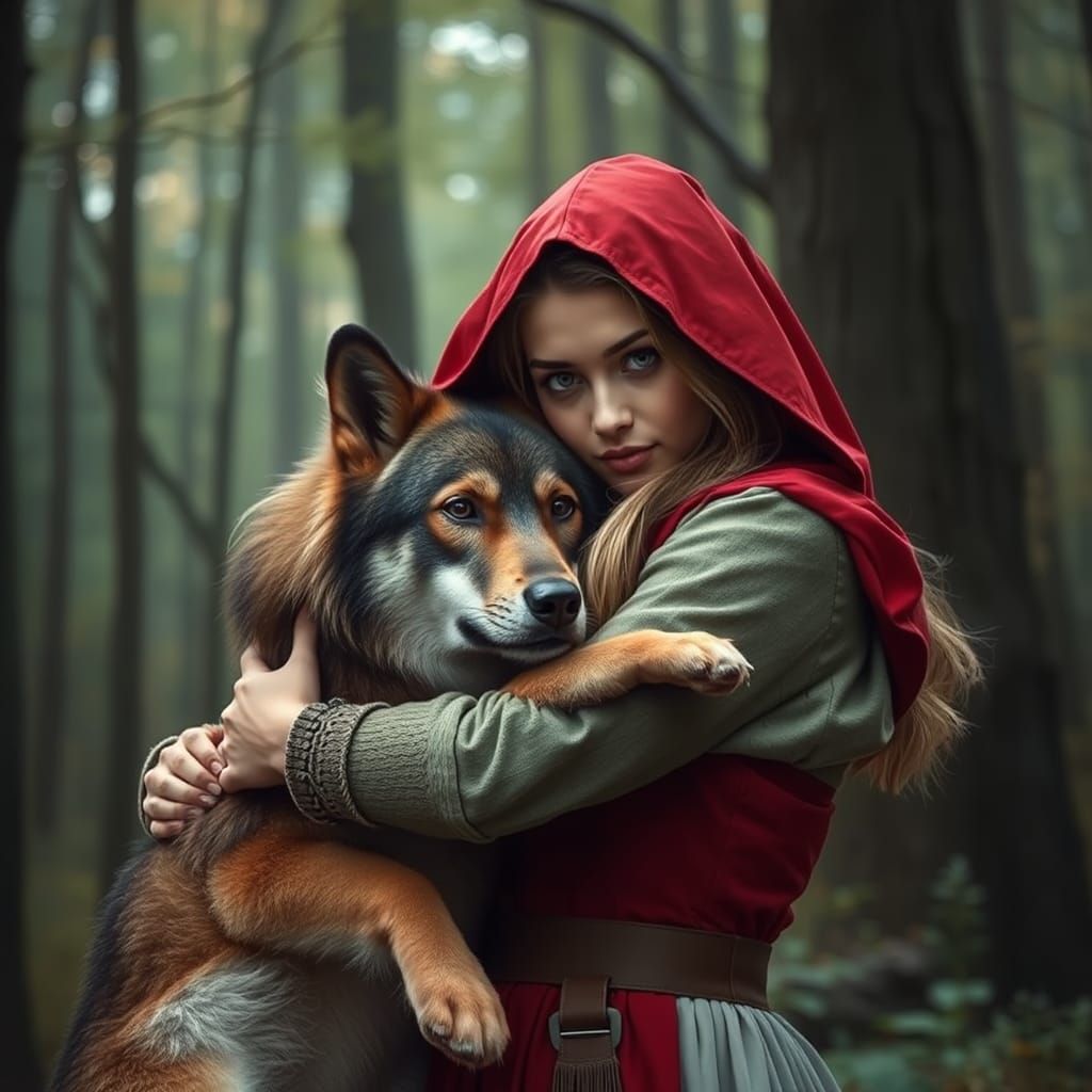Red Riding Hood Hugs Wolf in Forest