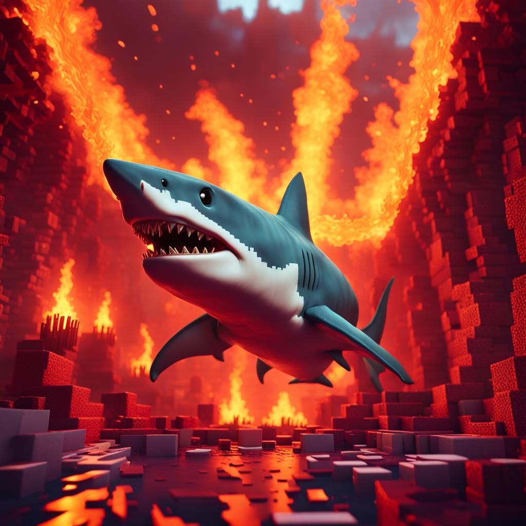 Shark Plays Minecraft in Fiery Nether: Detailed Matte Painti...