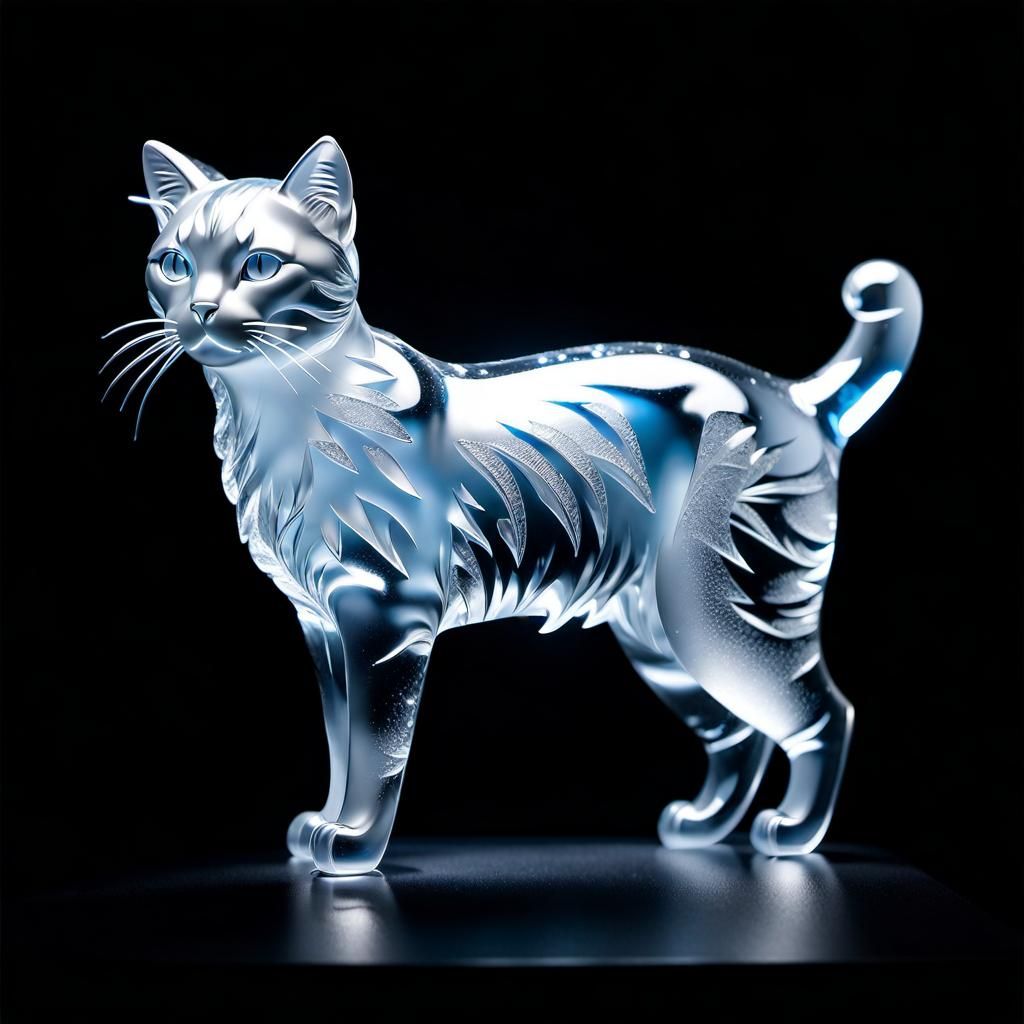 Hyperrealistic Ice Cat Sculpture in Sunlight