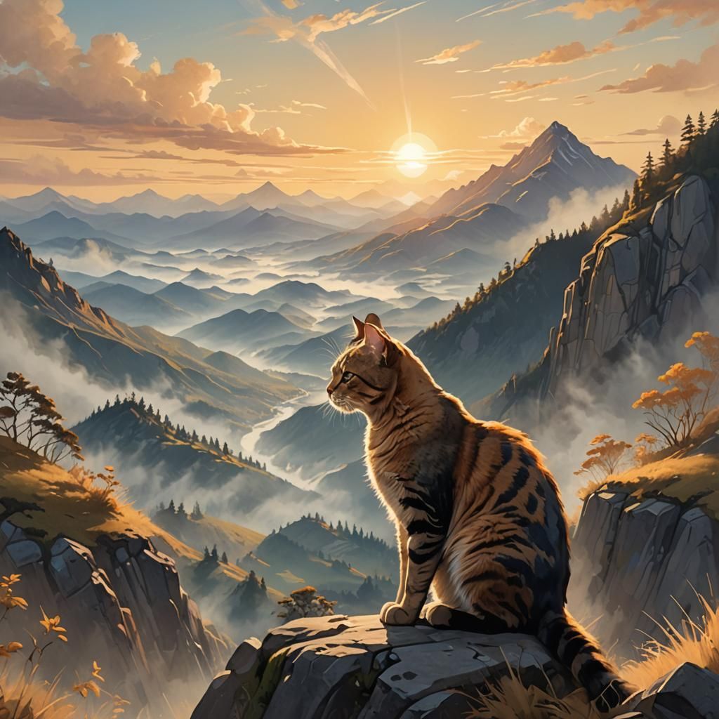Cat on Misty Mountain in Art Deco Style