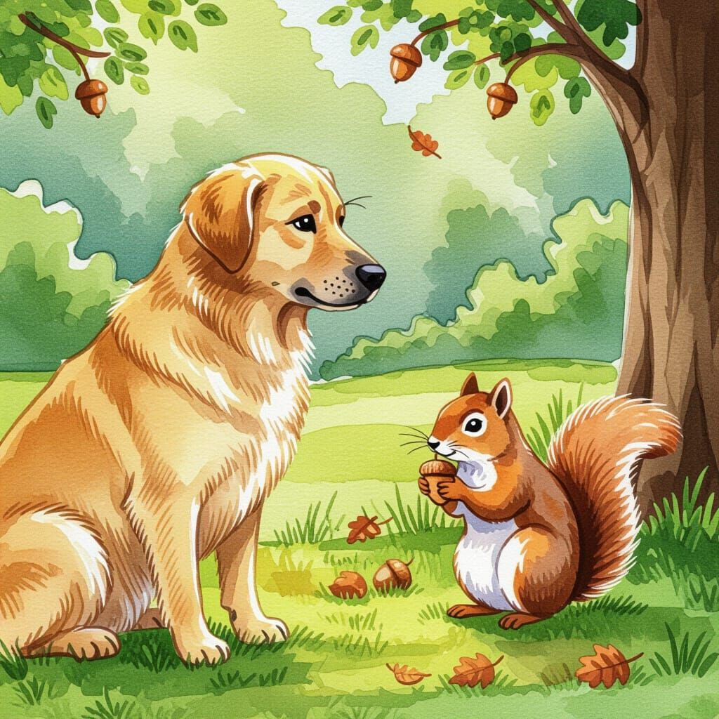 Watercolour Golden Sheprador Watches Squirrel Hide Acorn