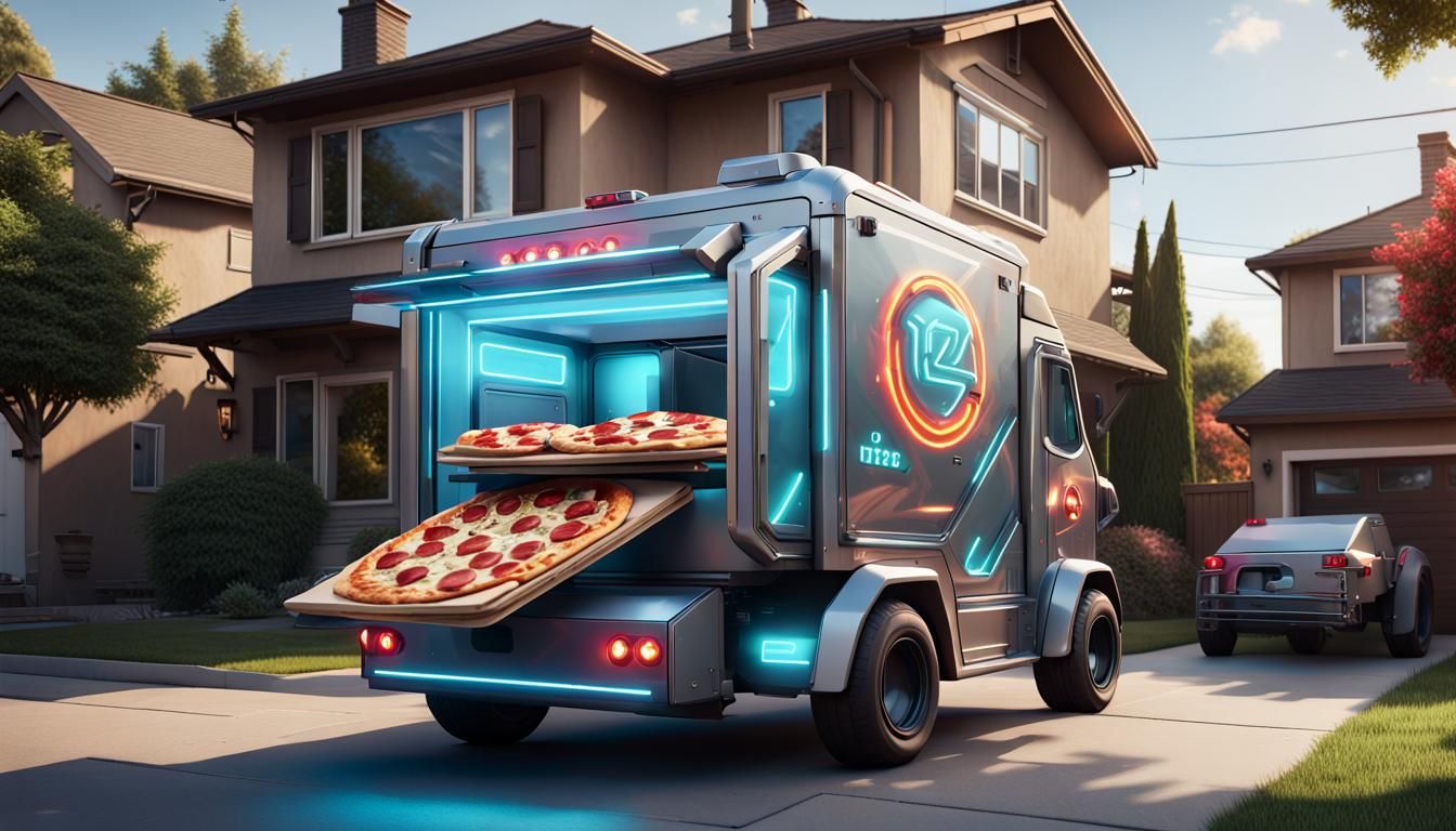 Transformer Robot Delivers Pizza: Hyperrealistic Sci-Fi Art