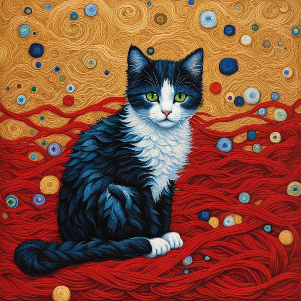 Whimsical Kitten in Vibrant Red Yarn, Inspired by Art Nouvea...