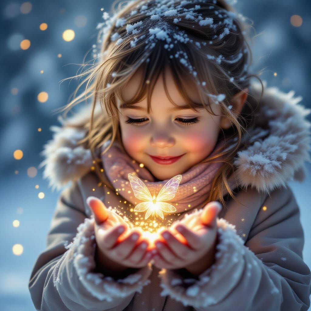 Girl Gazes at Fairy in Magical Winter Scene
