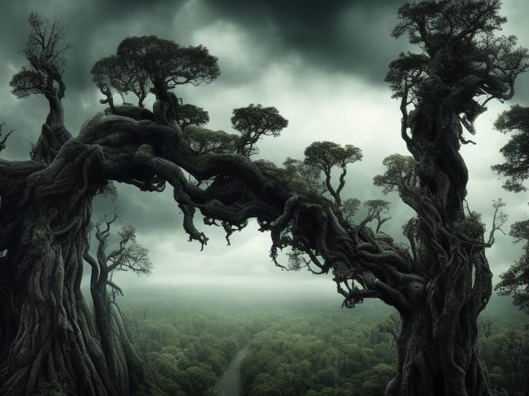 Dark Forest Landscape Under Stormy Sky