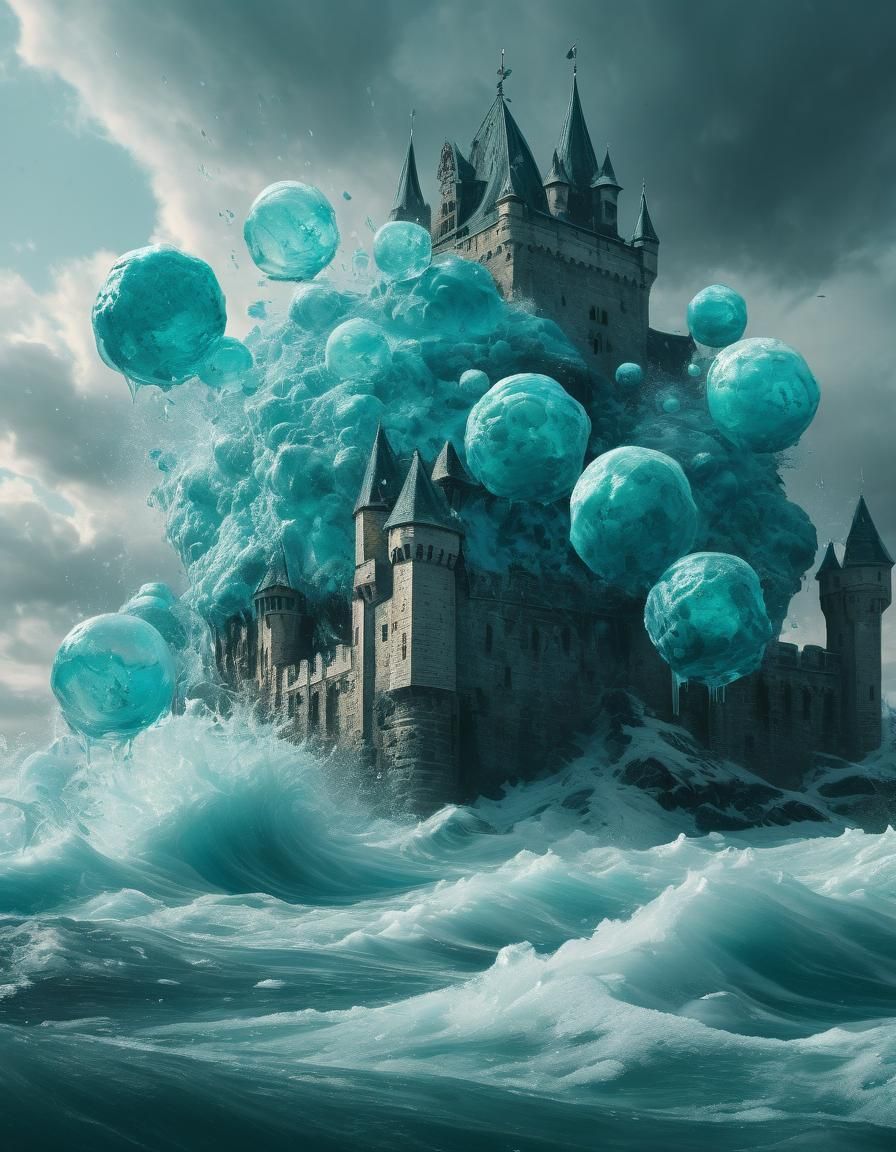Castle Under Turquoise Hailstorm: A Cinematic Oil Painting