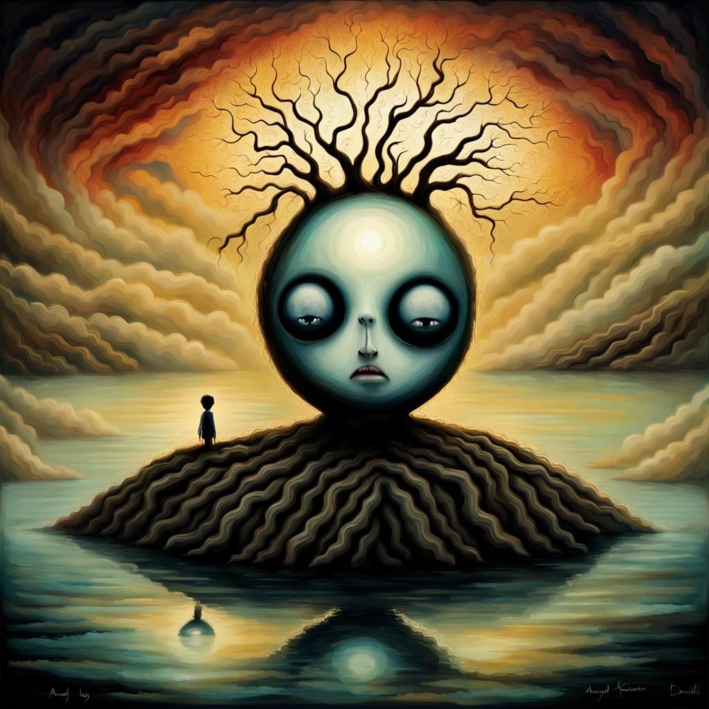 Boy Displaying Mixed Emotions in Surrealist Style