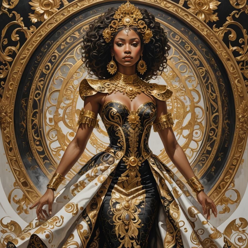 Ebony Goddess with Golden Rings in Baroque Style