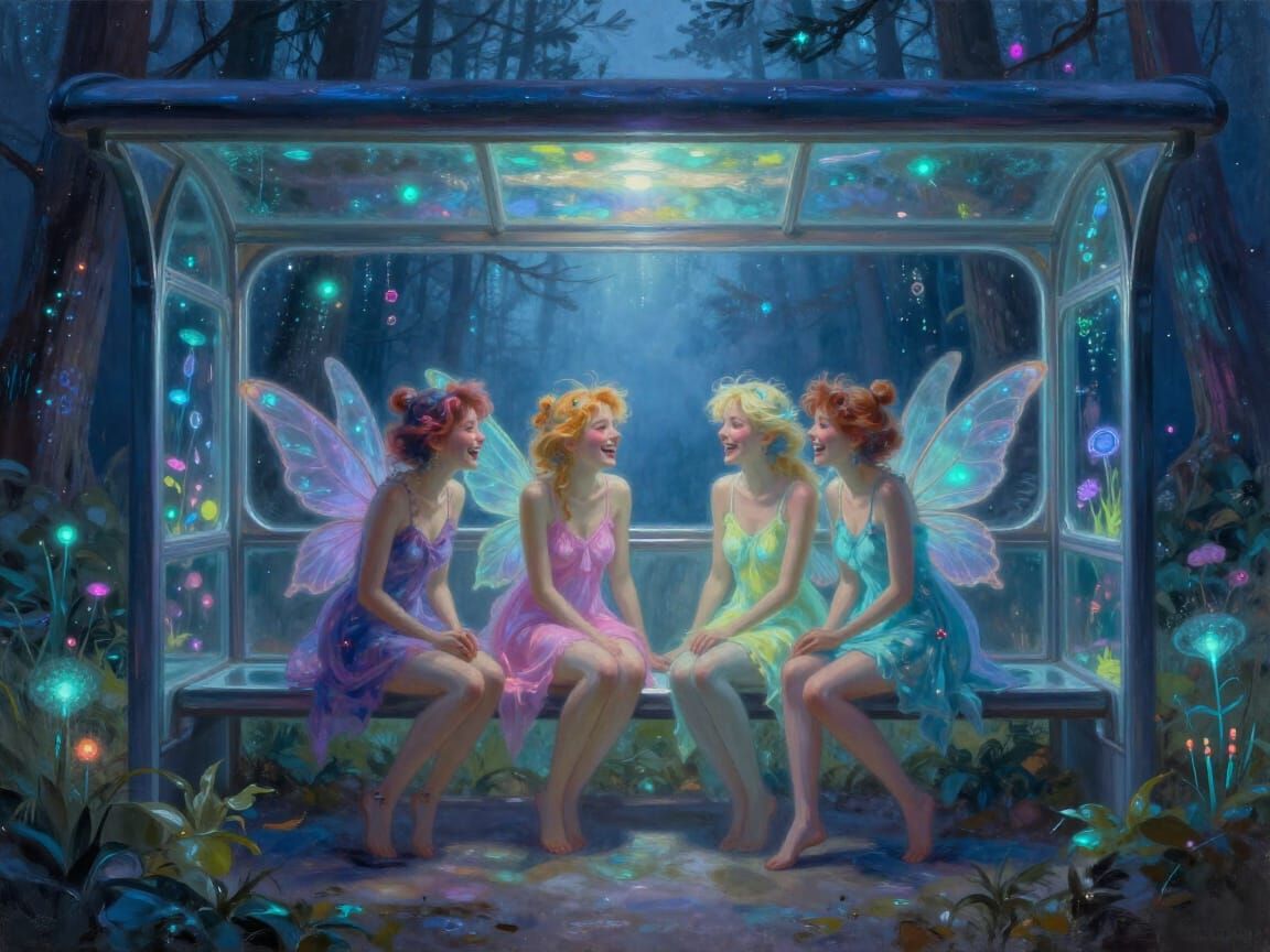 Fairies Laughing in Bioluminescent Ocean Punk Bus Station