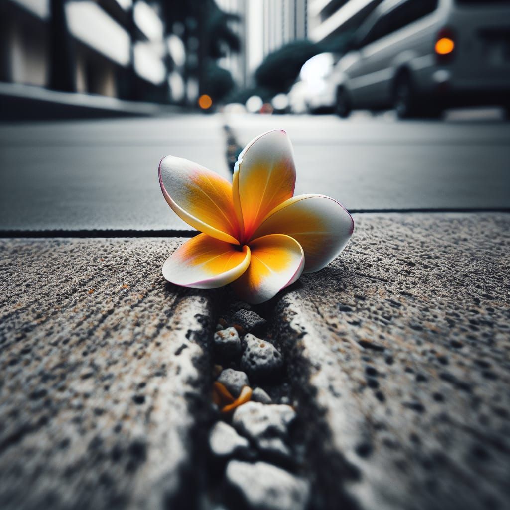 Plumeria Flower on Concrete Sidewalk