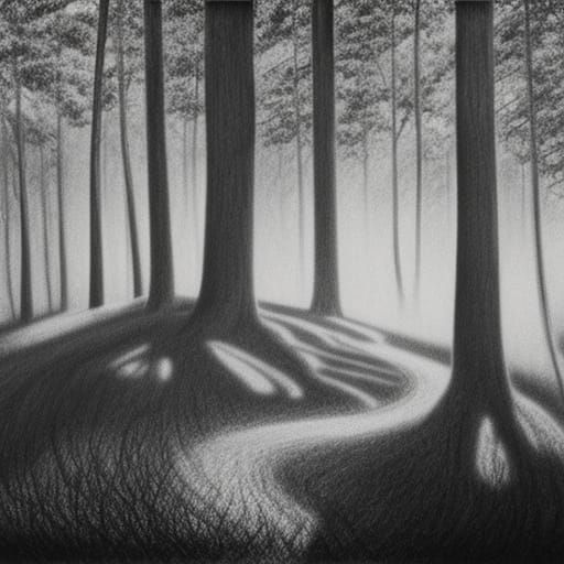 Log Cabin in Blue Forest: Charcoal Drawing