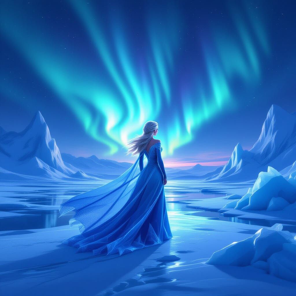 Spectral Elsa on Frozen Landscape Under Aurora Borealis