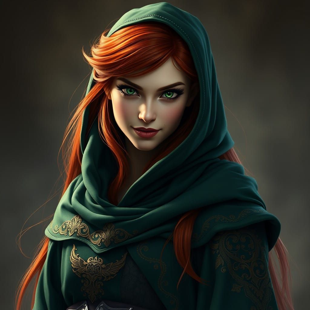 Dark Elf Woman with Luxurious Cloak and Piercing Green Eyes