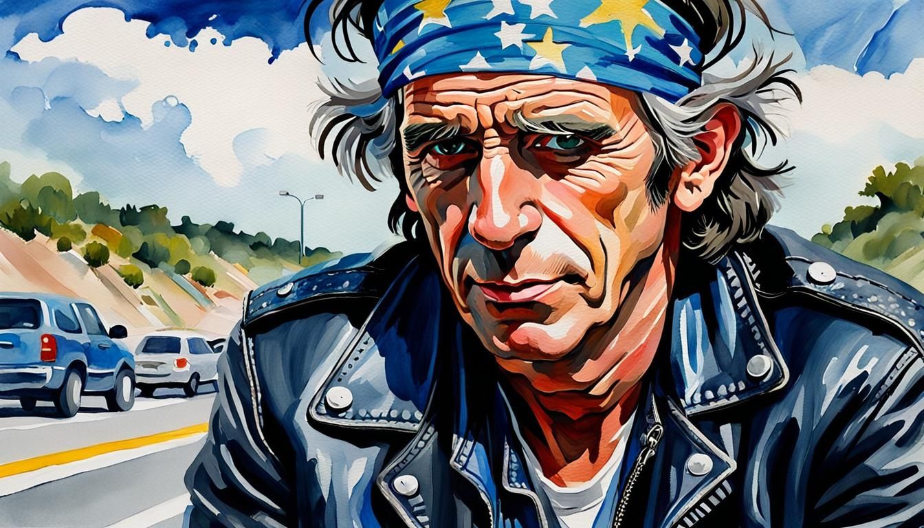 Keith Richards Portrait on Highway in Pop Art Style