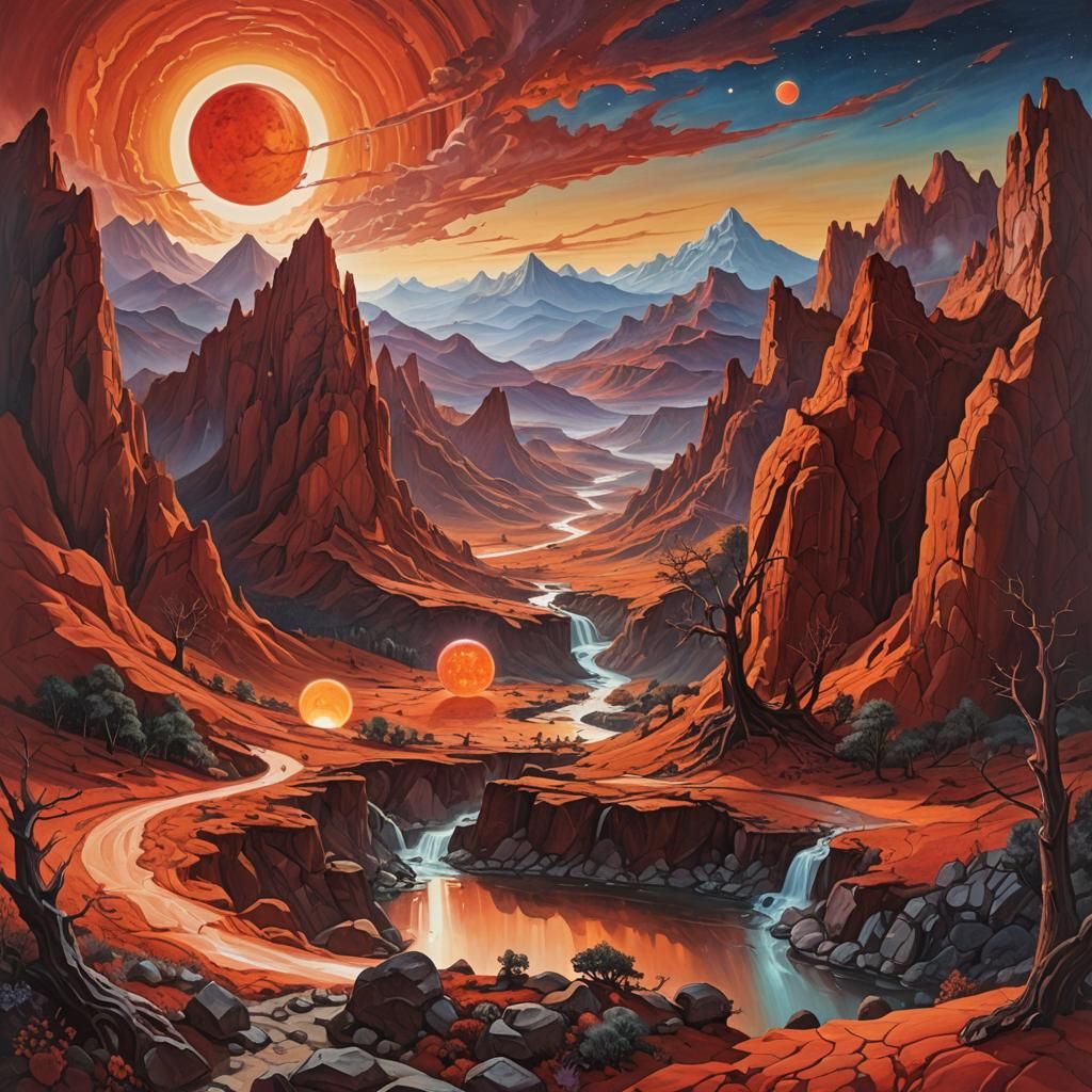 Surreal Red Planet Landscape with Winding River