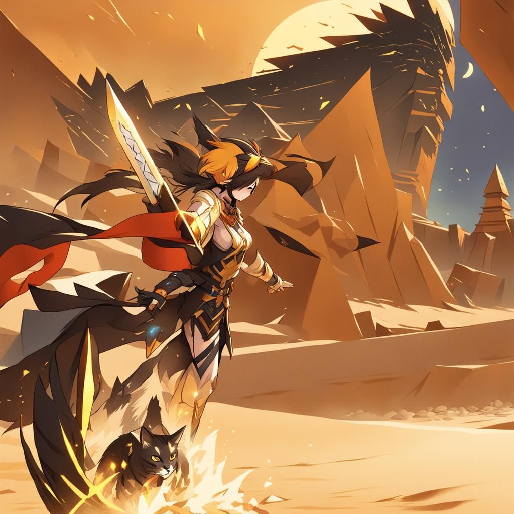 Anime Girl with Greatsword in Golden Pyramid Scene