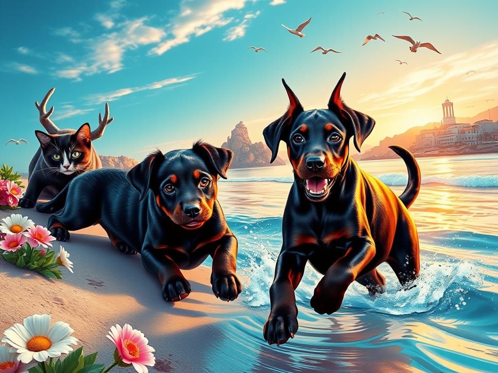 Vibrant Doberman and Presa Canario Puppies in Whimsical Spla...