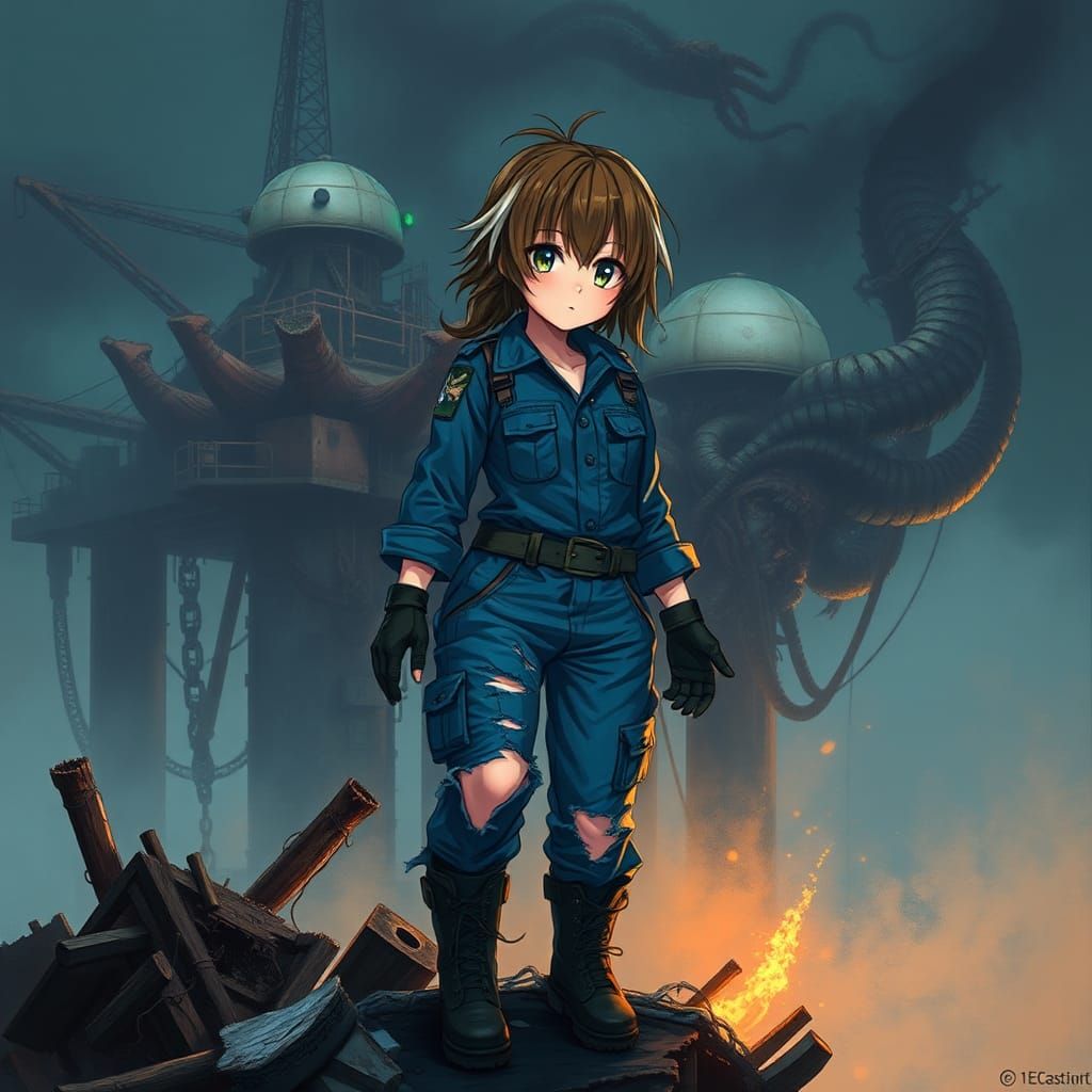 Anime Girl on Ravaged Oil Rig in Lovecraftian Horror