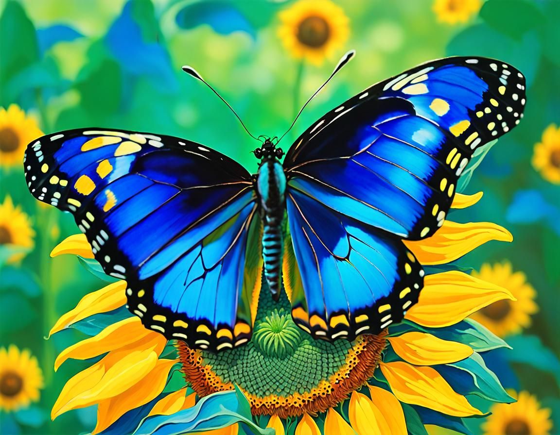 Glowing Blue Butterfly on Sunflower, Impressionistic Style