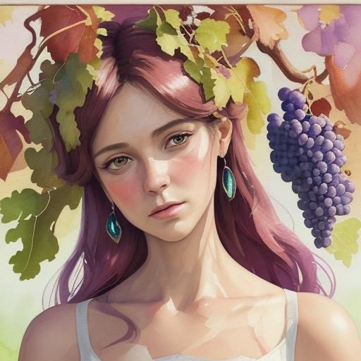 Woman of Grapes and Wine in Gouache Style