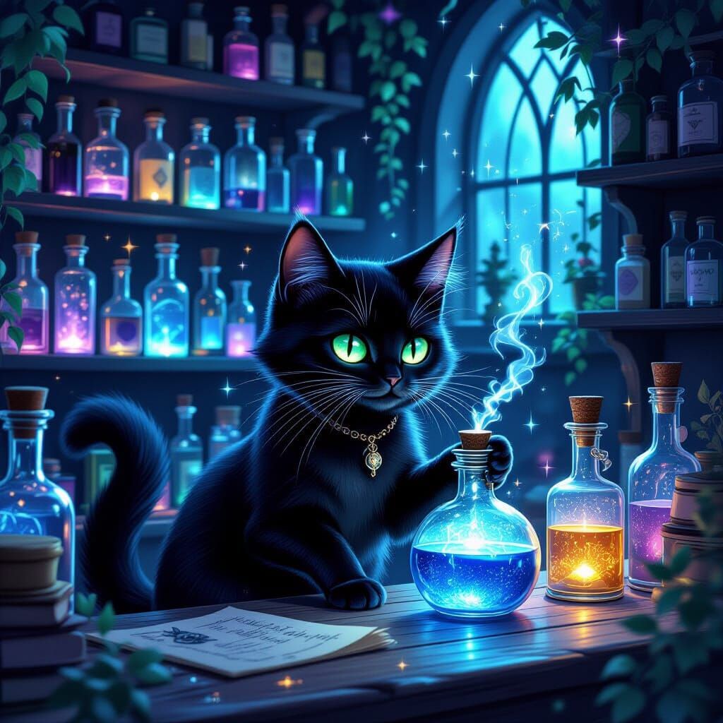 Black Cat Runs Magical Potion Shop for Spirits