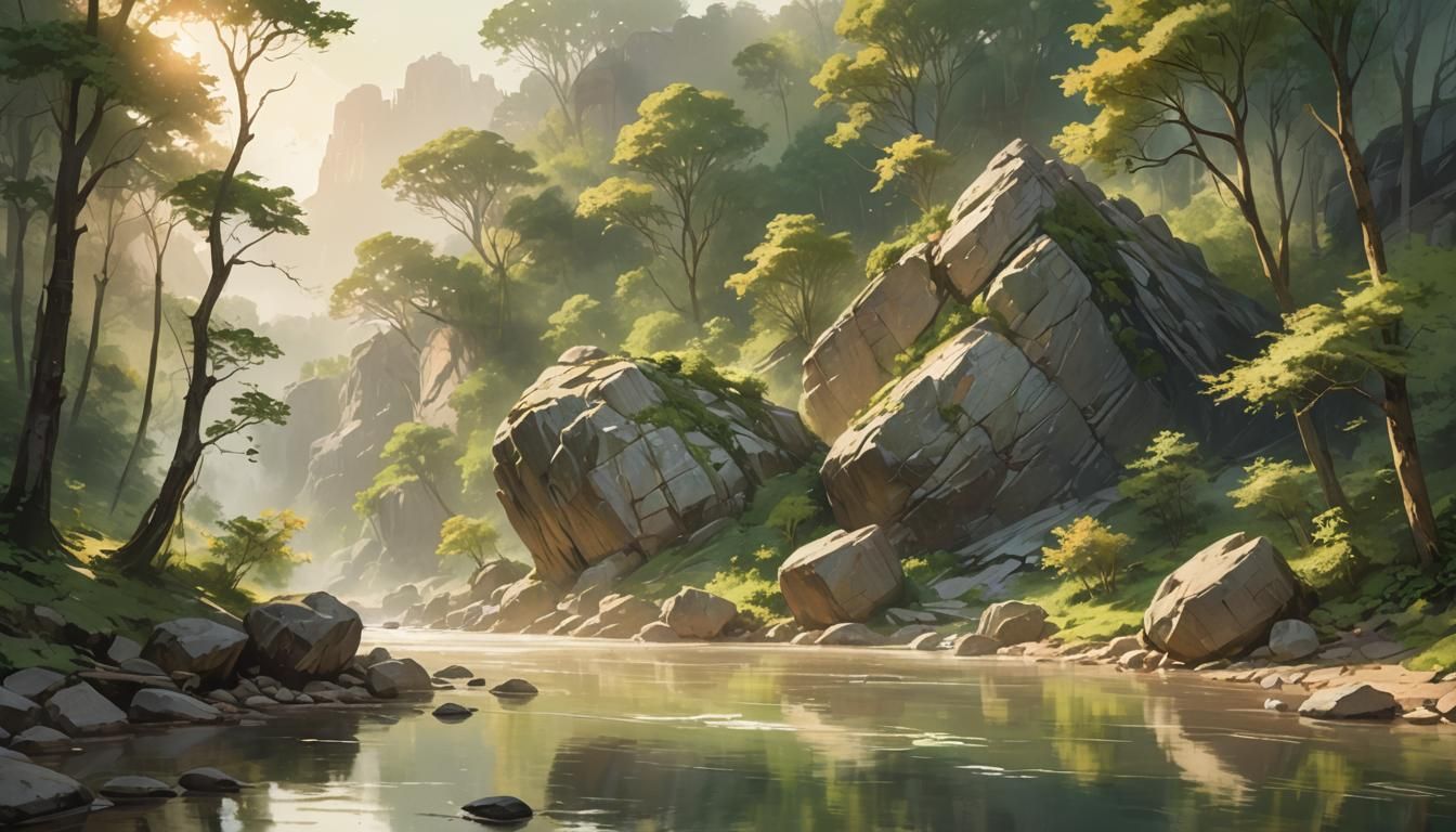 Serene Riverbank Landscape in Oil Painting Style
