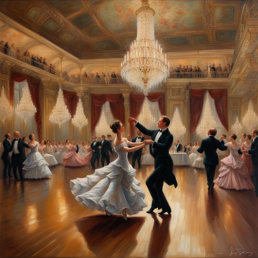 Elegant Waltz in Ballroom: Oil Painting