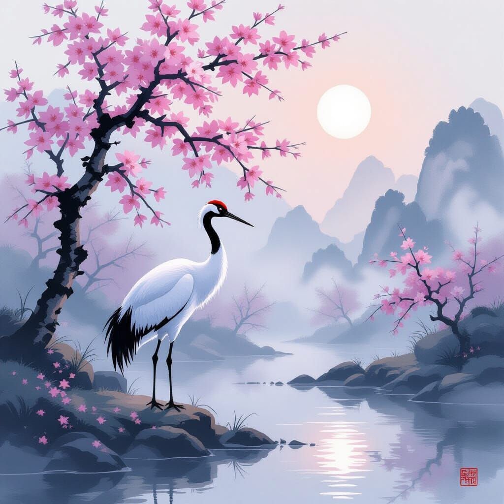 Ancient Crane in Misty Cherry Blossom Orchard at Dawn