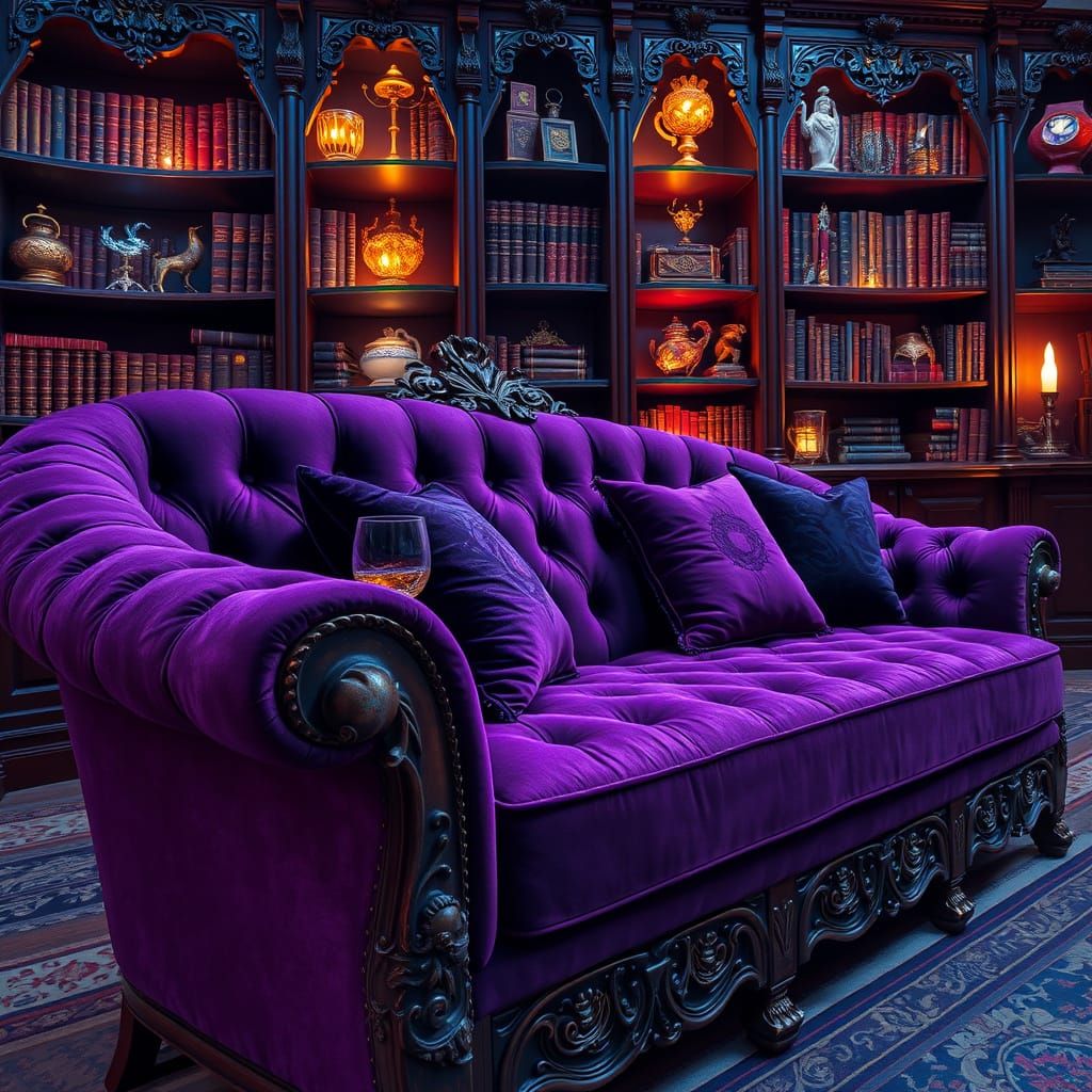 Intricate Gothic Couch with Magic Bookcase