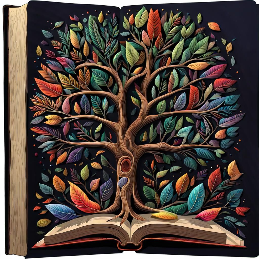 Stylized Tree of Books: Folk Art Digital Painting