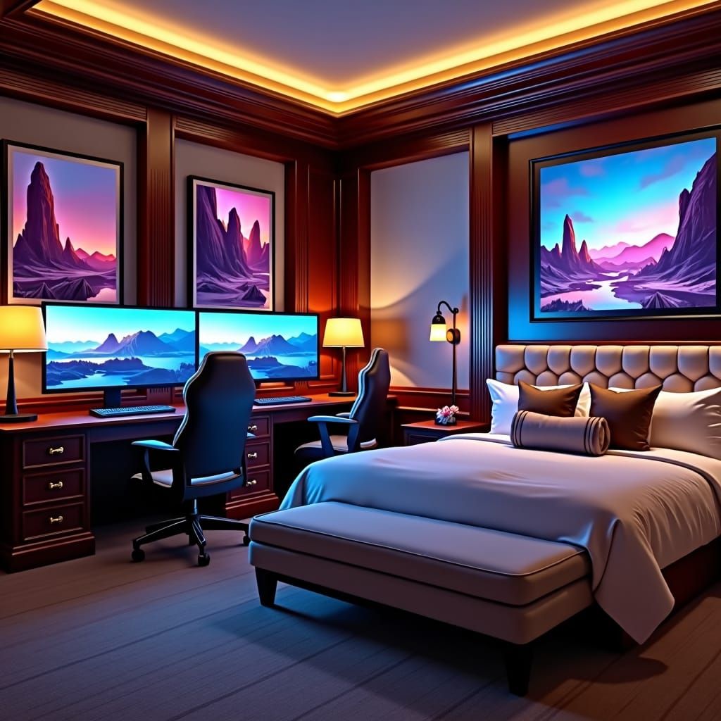 Modern Hotel Game Room with Computers and Couple Bed