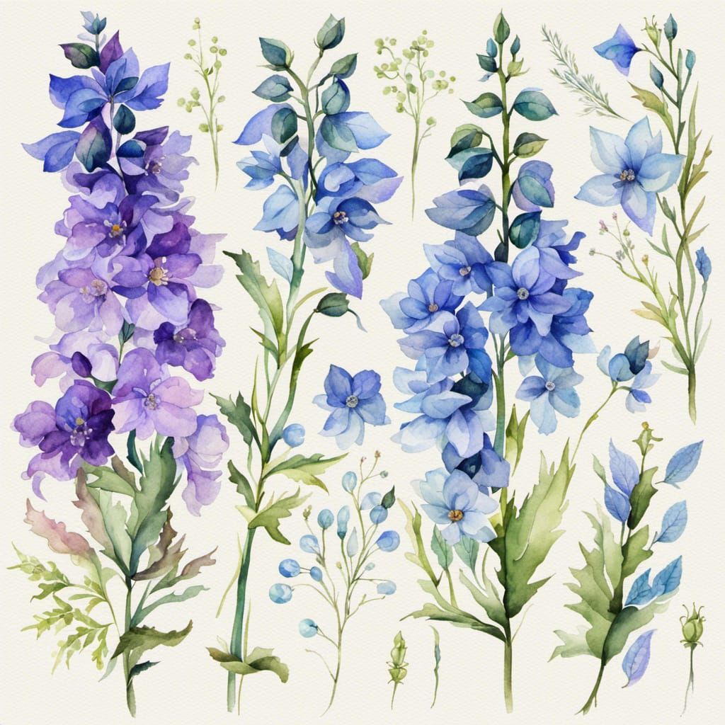 Watercolor Delphinium Floral Clipart Elements