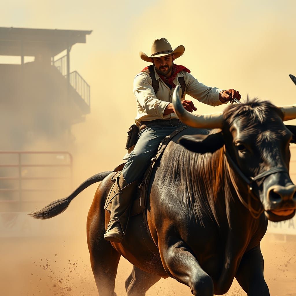 Cowboy Rides Bull in Gritty Realism Style