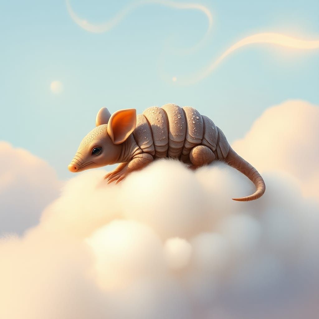Baby Armadillo Lounging on Cloud, Whimsical Illustration