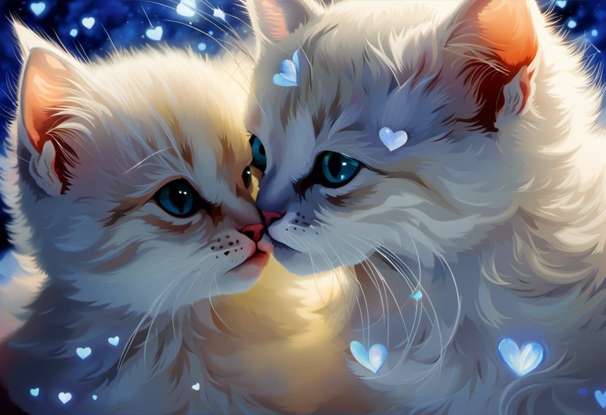 Constellation Kittens Kissing in Opalescent Garden