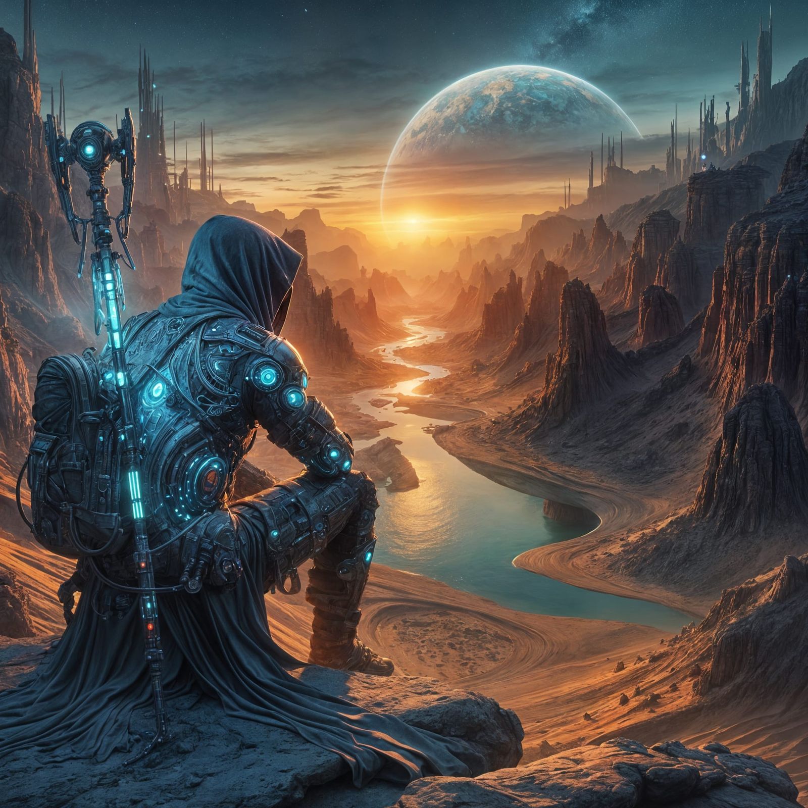 Hooded Wanderer in Desert Canyon Sunset