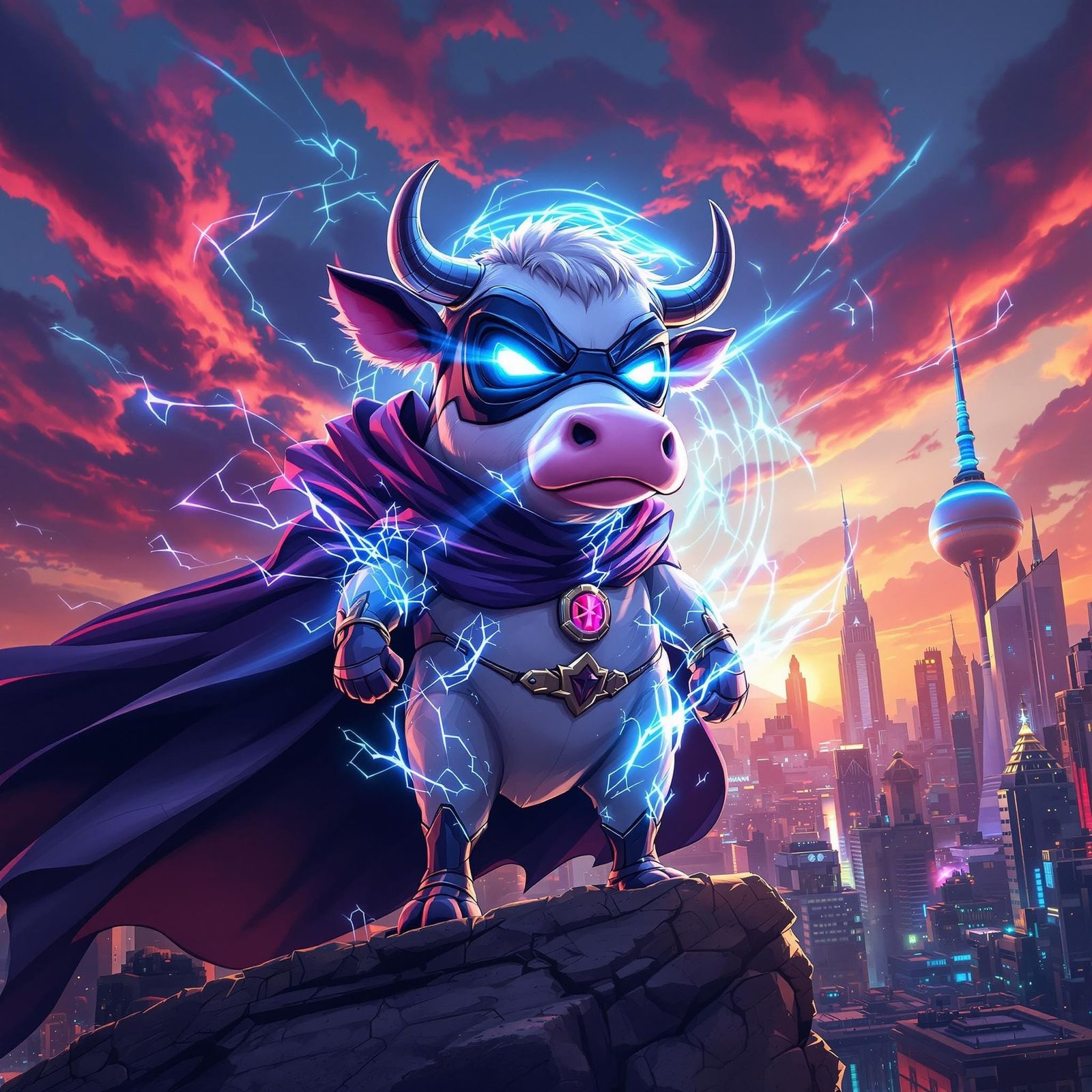 Majestic Cow Superhero Soars Over Futuristic City