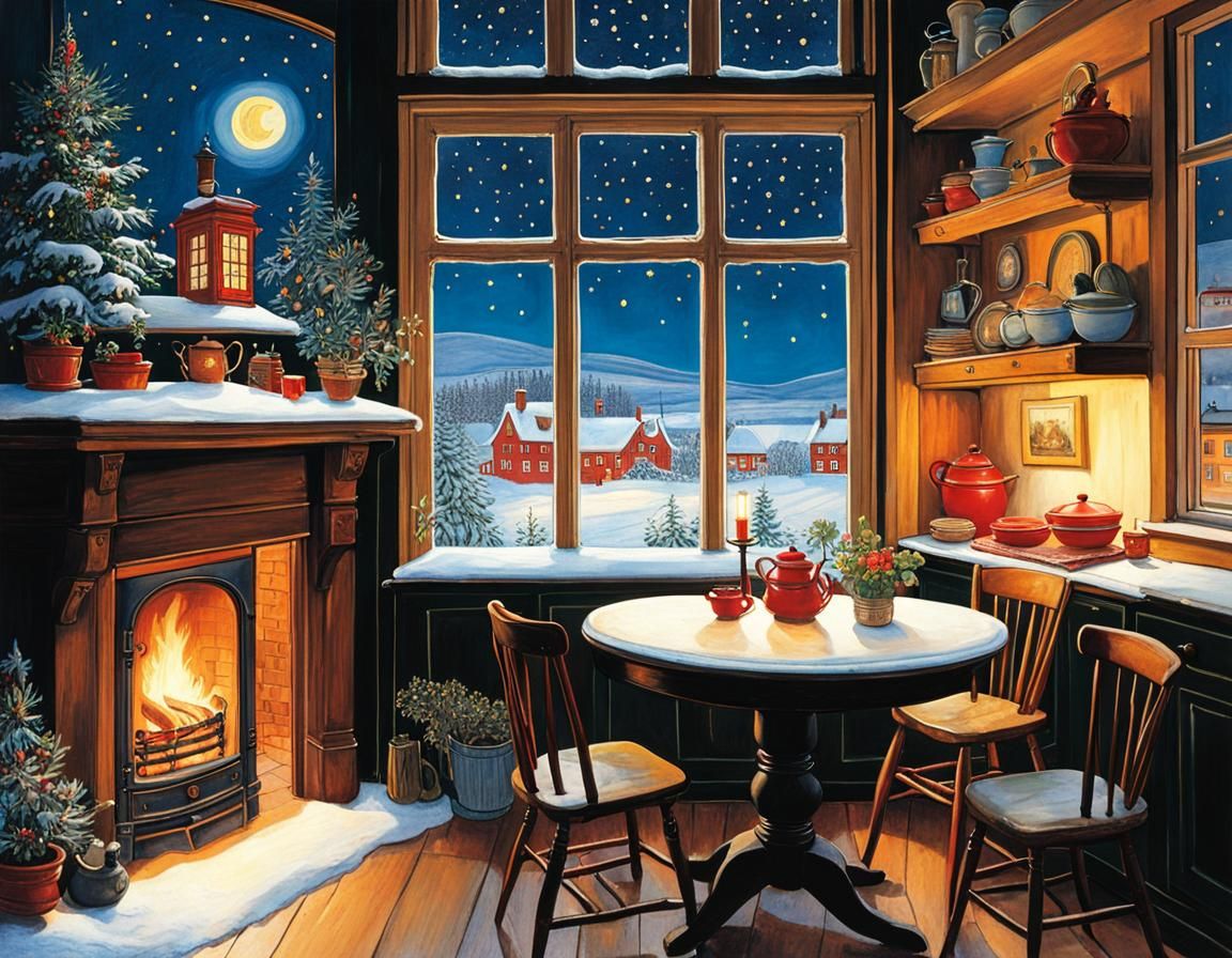 Cozy Kitchen Under Starry Winter Sky