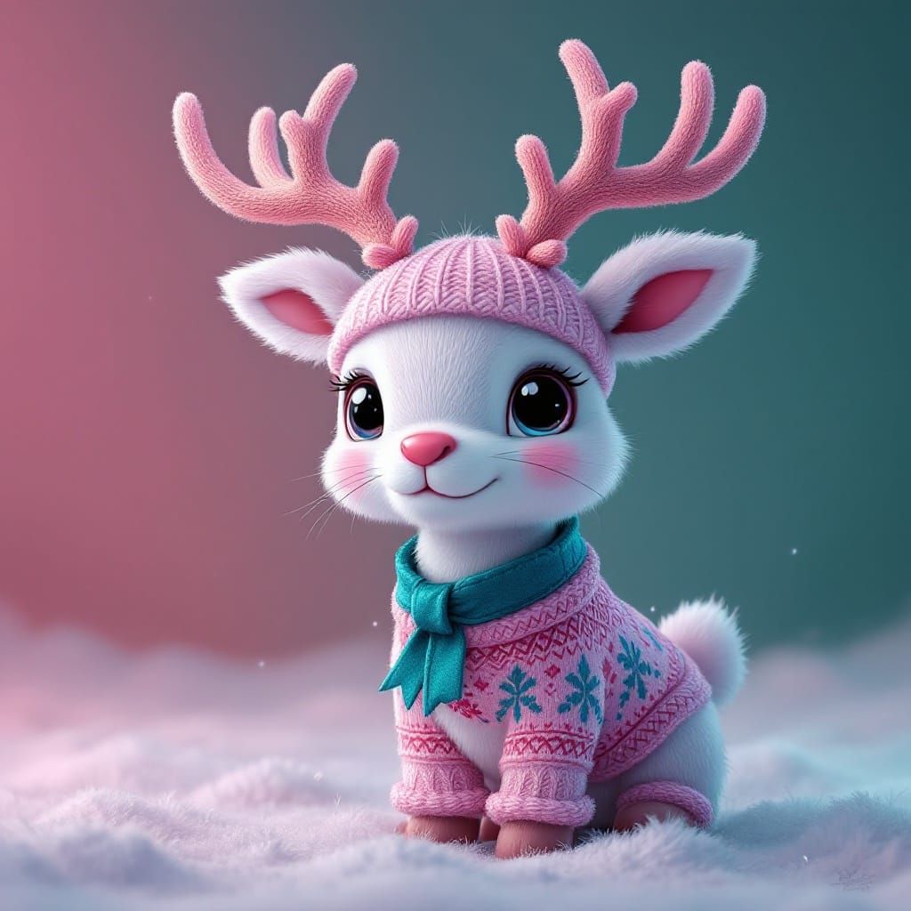 Knitted Reindeer with Teal Ribbon in Fantasy Style