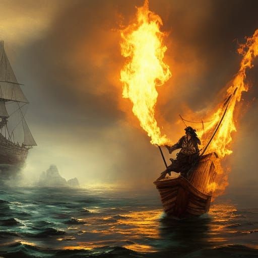 Pirate with Torch Observes Sinking Ship