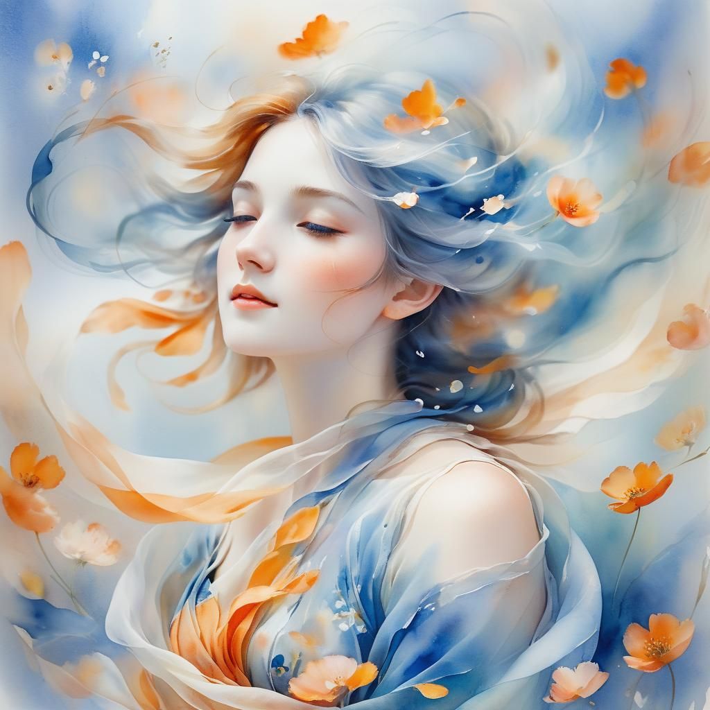 Ethereal Wind Goddess Portrait in Watercolour Style