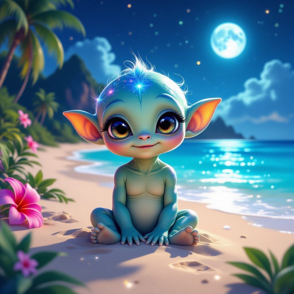 Cute Baby Alien on Tropical Beach in Visionary Art Style